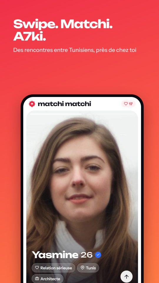 Matchi Matchi Tunisia dating app: a profile card with swipe buttons