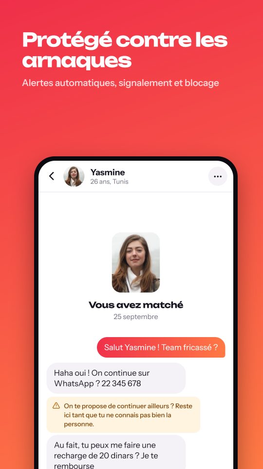 محادثة في Matchi Matchi مع تنبيه ضد التحيّل